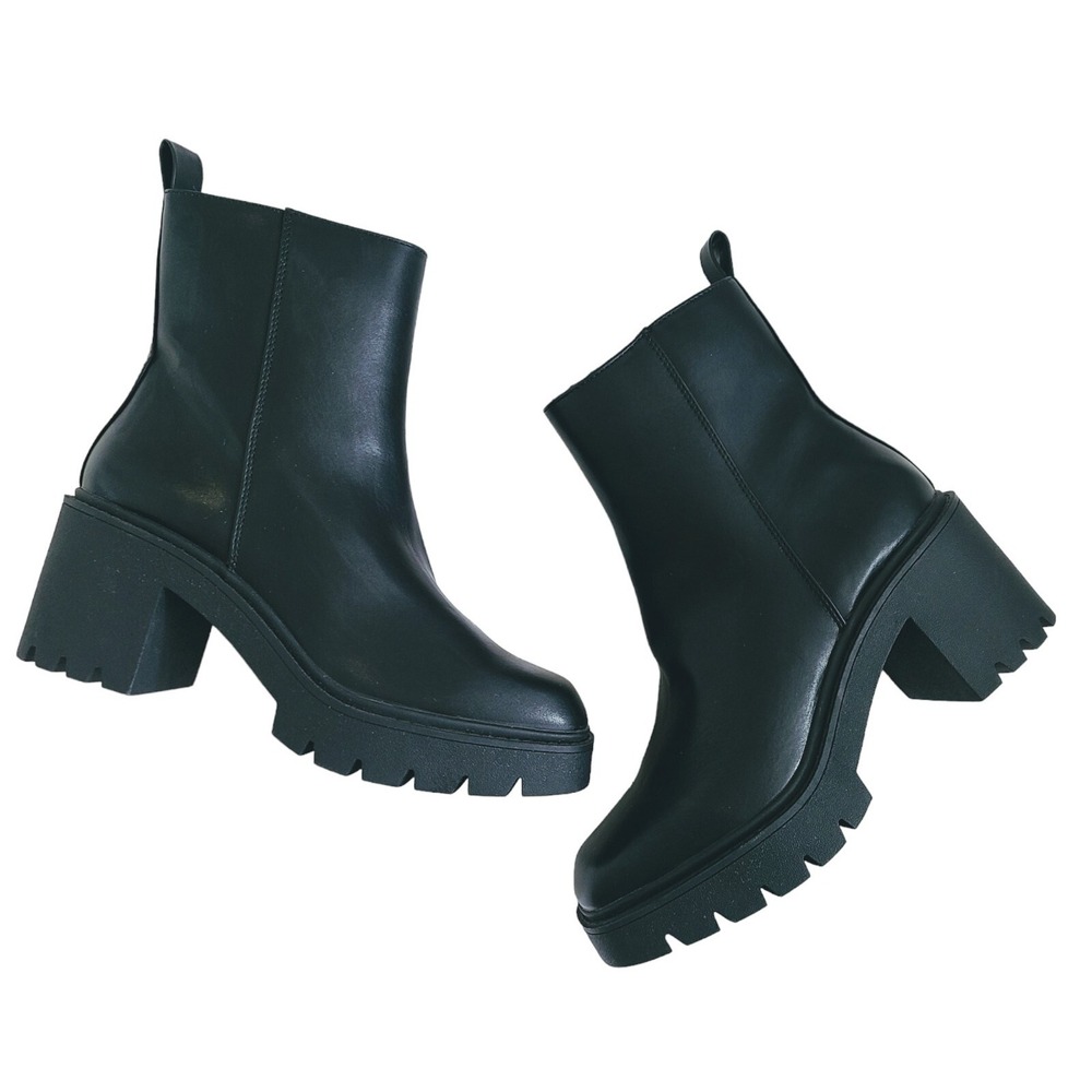 STEVE MADDEN Womens Black 1-1/2" Platform Fella Block Heel Leather Booties 9.5 M